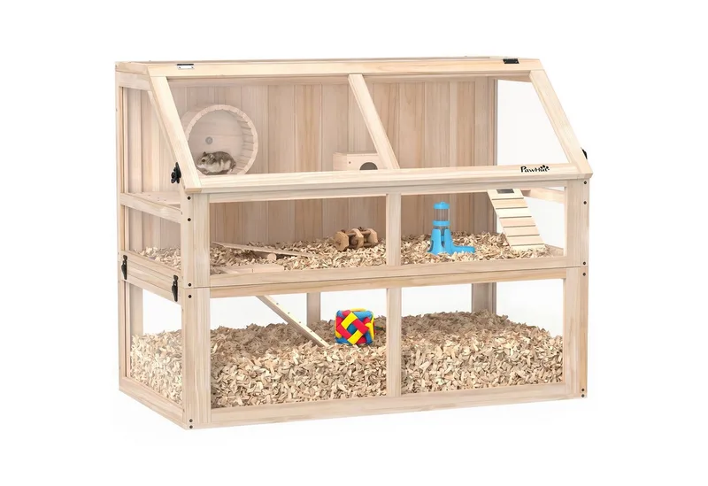 Hamsterkooi-Dennenhout, acryl-95L x 53B x 76H cm-Natuurlijk hout by PawHut in Natuurlijk hout – product photo 2 of 5