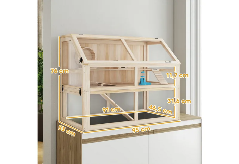 Hamsterkooi-Dennenhout, acryl-95L x 53B x 76H cm-Natuurlijk hout by PawHut in Natuurlijk hout – product photo 3 of 5