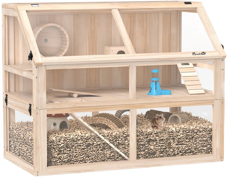 Hamsterkooi-Dennenhout, acryl-95L x 53B x 76H cm-Natuurlijk hout by PawHut in Natuurlijk hout – product photo 1 of 5
