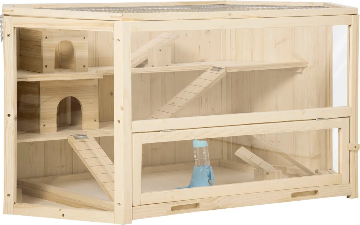 Hamsterkooi met 3 verdiepingen en plexiglas - Knaagdierkooi - Kleindierenverblijf - Dennenhout - Naturel van PawHut in Naturel – productfoto