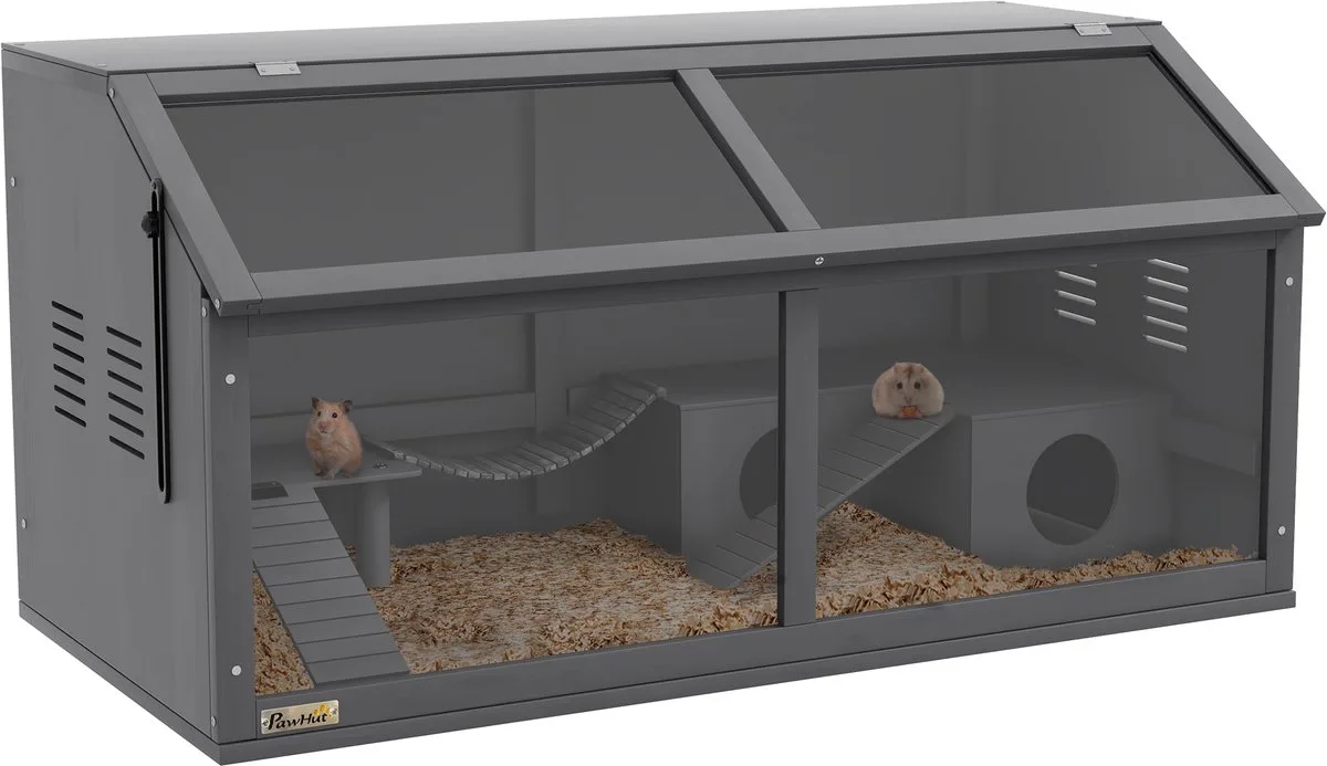 hamsterkooi met huisje en hangbrug - Knaagdierkooi - Verblijf klein huisdier - Donkergrijs de PawHut en Gris – photo produit