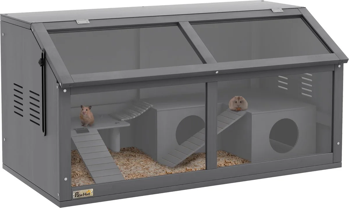 Hamsterkooi met transparante voorkant - Knaagdierkooi - Hamsterverblijf - Kleine dieren kooi - Grijs de PawHut en Gris foncé – photo produit