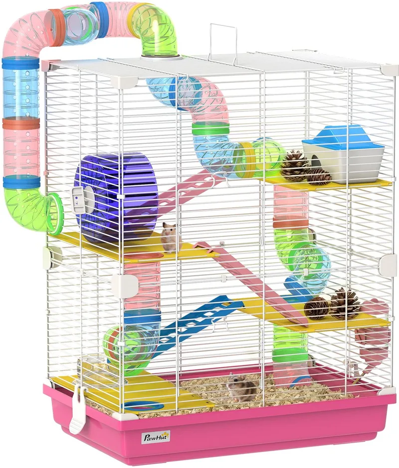 Hamsterkooi - Metaal - 46x30x58cm de PawHut en Rose – photo produit