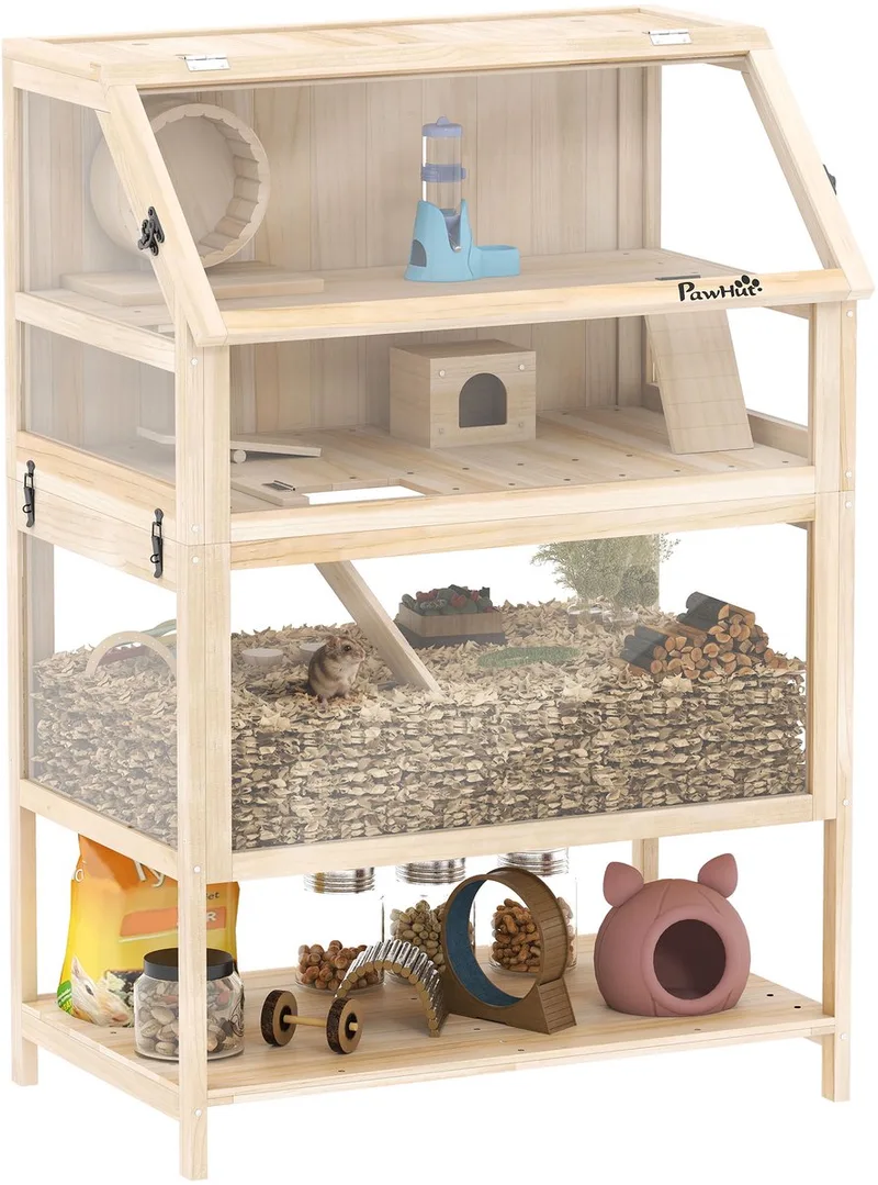 Hamsterkooi-Sparrenhout, kunststof-80L x 53B x 117H cm-Natuurlijk hout de PawHut en Natuurlijk hout – photo produit