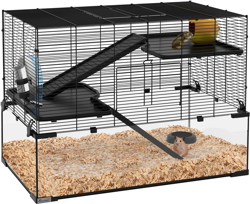 Hamsterkooi - Staaldraad - 76,5 x 48,5 x 54,5 cm de PawHut en Noir – photo produit