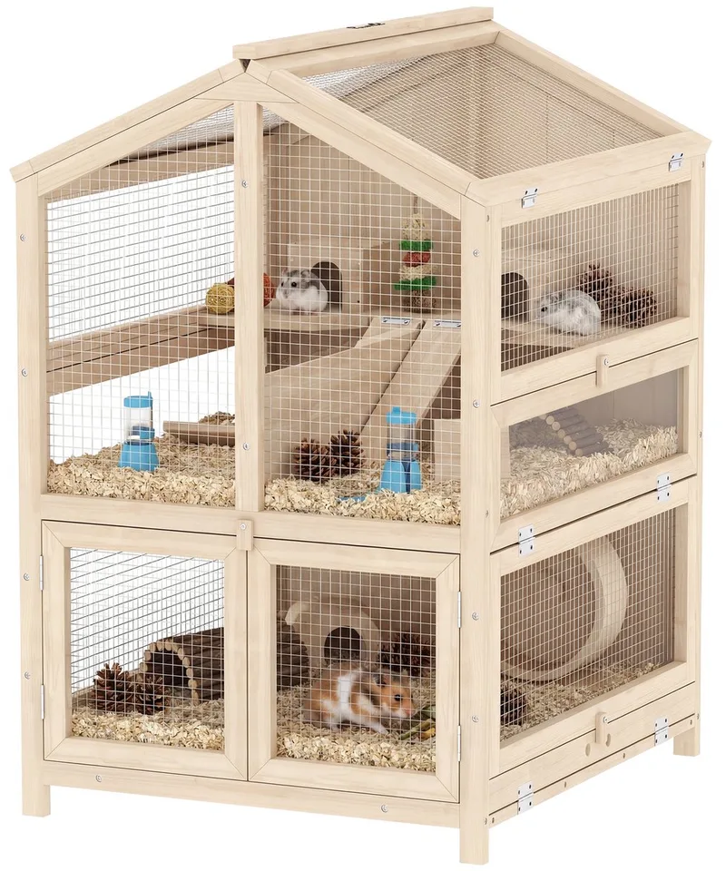 Hamsterkooi - Vurenhout - 68 x 61,5 x 90 cm - Natuurlijke houtafwerking de PawHut en Naturel hout – photo produit