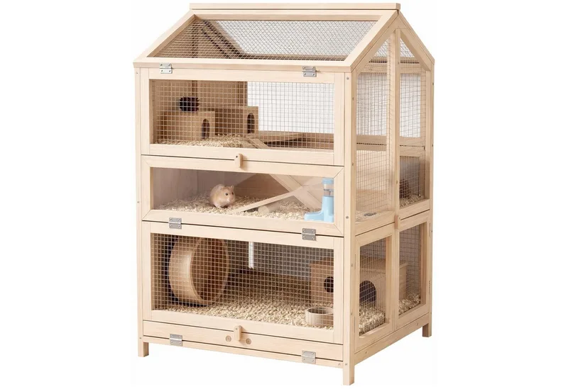 Hamsterkooi-Vurenhout-68L x 61,5B x 90H cm-Naturel hout de PawHut en Naturel, Noir, Transparent – photo produit 2 sur 5