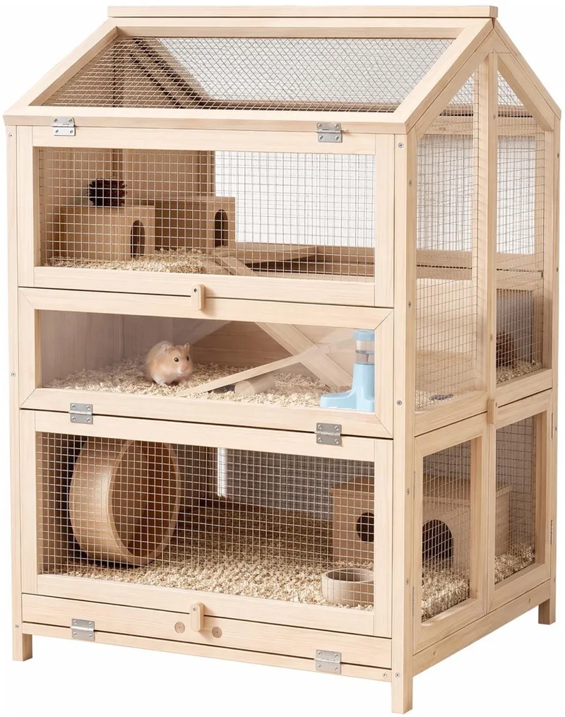 Hamsterkooi-Vurenhout-68L x 61,5B x 90H cm-Naturel hout de PawHut en Naturel, Noir, Transparent – photo produit 1 sur 5