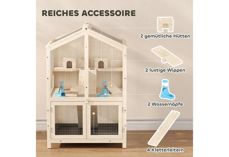 Hamsterkooi-Vurenhout-68L x 61,5B x 90H cm-Naturel hout de PawHut en Naturel, Noir, Transparent – photo produit 5 sur 5