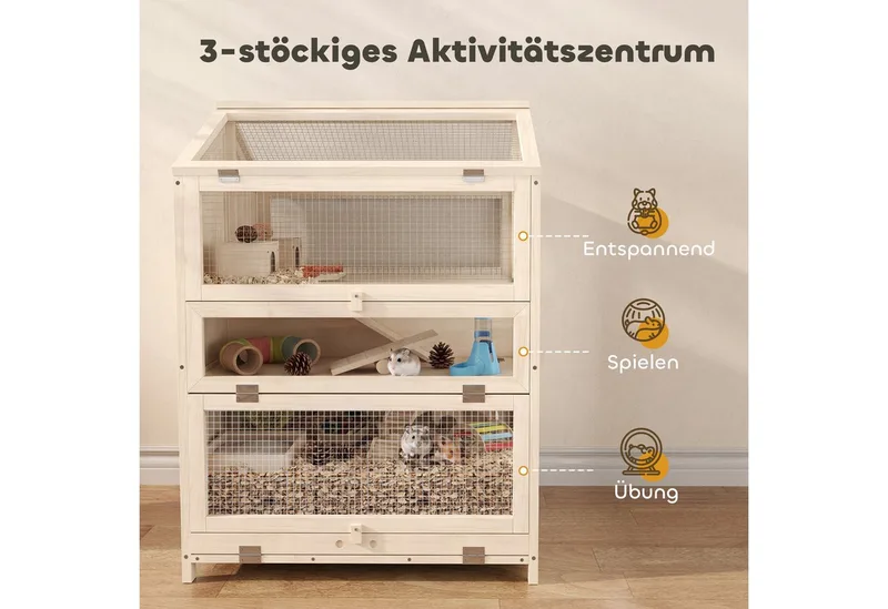 Hamsterkooi-Vurenhout-68L x 61,5B x 90H cm-Naturel hout de PawHut en Naturel, Noir, Transparent – photo produit 4 sur 5