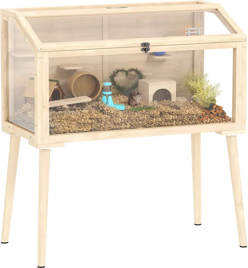 Hamsterkooi - Vurenhout, PET - 110L x 52B x 101H cm de PawHut en Natuurlijk hout – photo produit