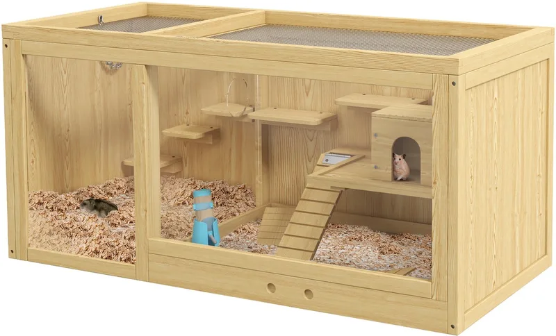 Hamsterkooi - Vurenhout, PVC - 100 x 50 x 50 cm fra PawHut i Natuurlijk hout – produktbillede