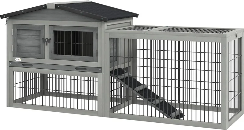Hasenstall 2 Ebenen Kaninchenstall aus Tannenholz Winterfest Doppelstockhaus mit Freilaufgehege Rampe 150x52x68 cm Kaninchenkäfig Outdoor Kleintierstall für Hasen Kaninchen Meerschweinchen by PawHut in Grey – product photo