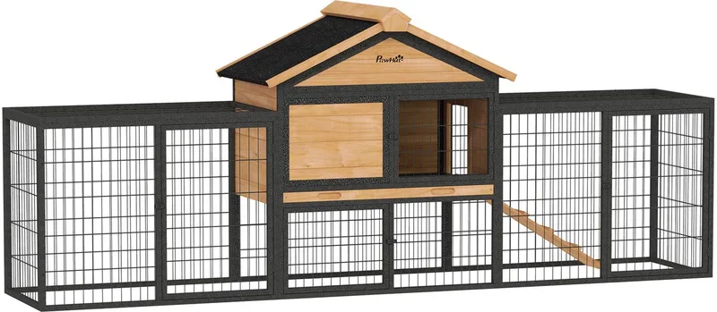 Hasenstall 2 Ebenen mit Satteldach Kaninchenstall aus Vollholz Winterfest Doppelstockhaus mit Freilaufgehege 217x53x86 cm Kaninchenkäfig Outdoor Kleintierstall für Hasen Kaninchen by PawHut in Yellow – product photo