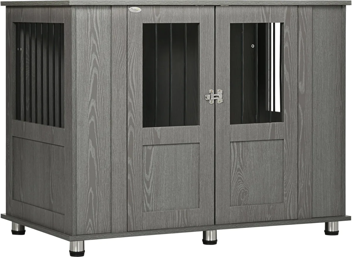 Hondenbench met Glazen Deur en Ventilatieopeningen - Hondenkooi, Dierenverblijf, Kattenkooi - Grijs fra PawHut i Grå – produktbillede