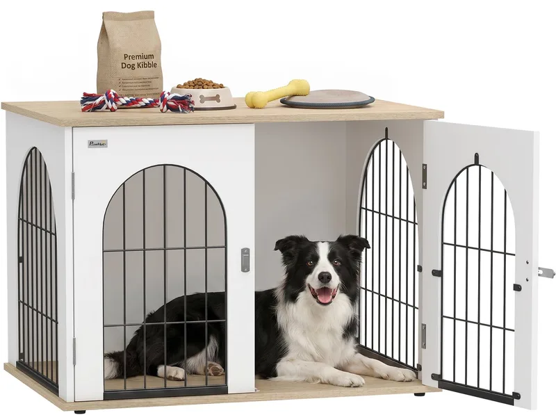 Hondenbench - Spaanplaat, Metaal - 80 x 56 x 59 cm de PawHut en Blanc – photo produit