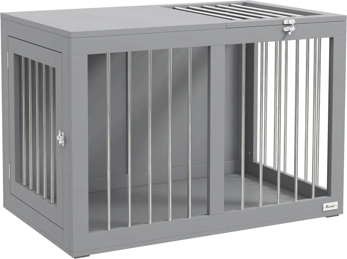 Hondenbench van Staal en Hout met 2 Deuren - Hondenkooi - Hondenkennel - Grijs från PawHut i Grå – produktbild