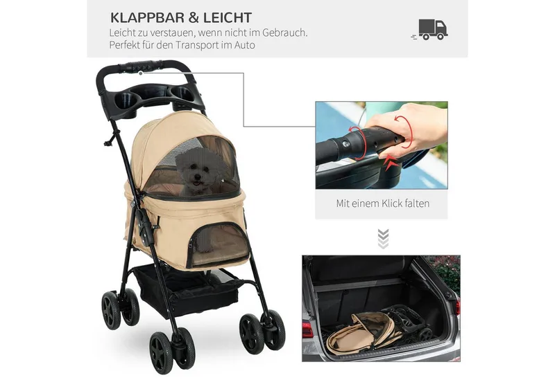 Hondenbuggy Inklapbaar met Veiligheidsgordels - Hondenkar - Buggy voor Honden de PawHut en Kaki – photo produit 4 sur 5