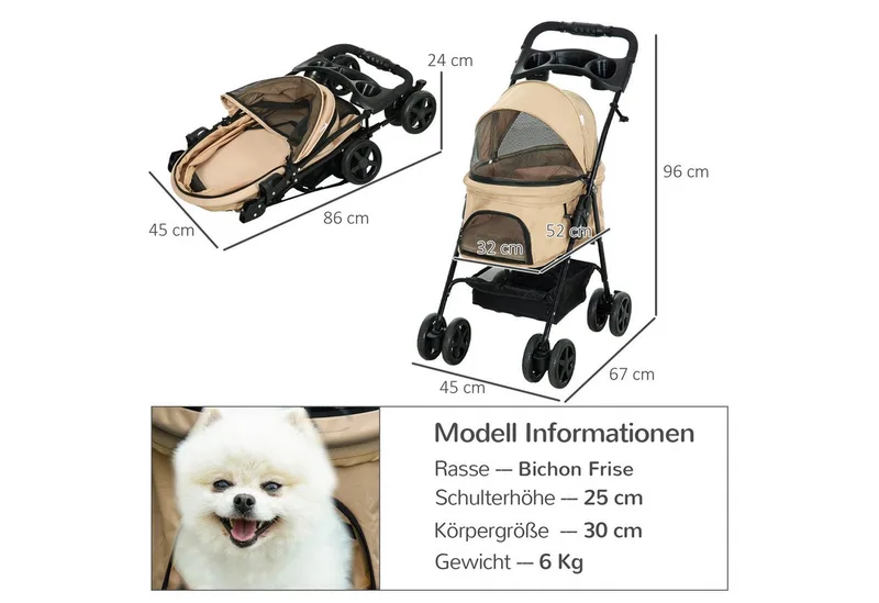 Hondenbuggy Inklapbaar met Veiligheidsgordels - Hondenkar - Buggy voor Honden de PawHut en Kaki – photo produit 3 sur 5