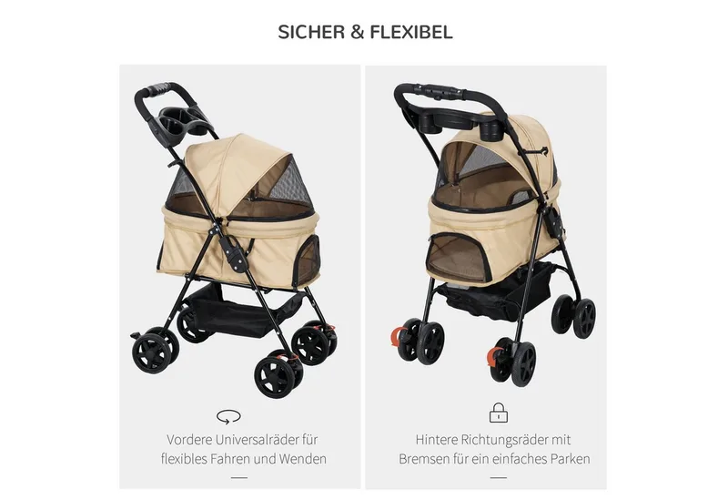 Hondenbuggy Inklapbaar met Veiligheidsgordels - Hondenkar - Buggy voor Honden de PawHut en Kaki – photo produit 5 sur 5