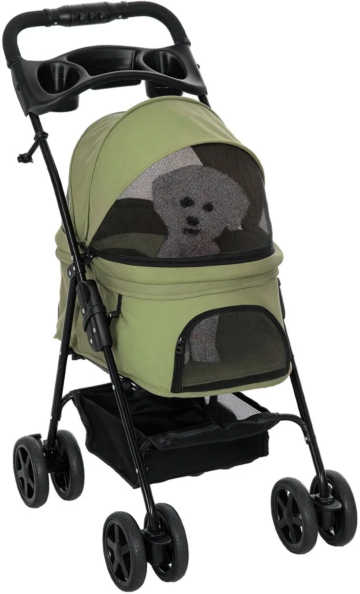 Hondenbuggy Inklapbaar met Veiligheidsgordels - Hondenwagen - Huisdierenbuggy - Bolderkar Hond från PawHut i Mörkgrön – produktbild