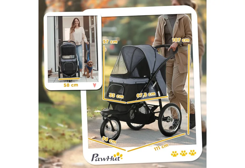 Hondenbuggy met 3 Wielen tot 20 kg - Hondenkar - Inklapbare Buggy voor Honden - Grijs by PawHut in Grey – product photo 3 of 4