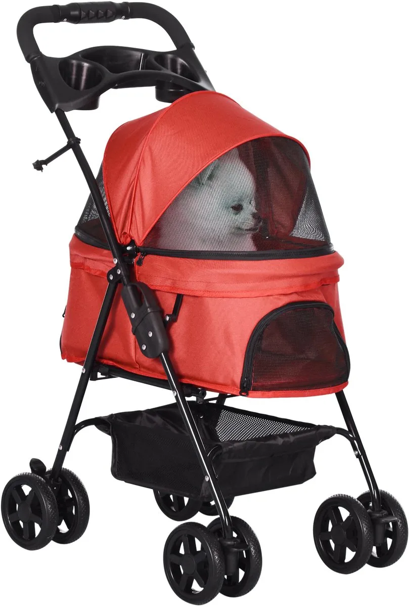 hondenbuggy met veiligheidsgordels en mand - Huisdierenbuggy - Hondenwagen från PawHut i Röd – produktbild