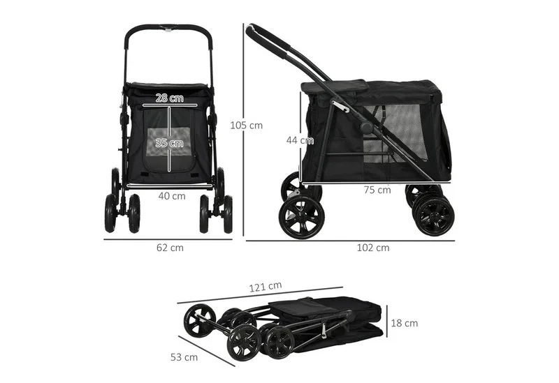 Hondenbuggy opvouwbaar met kussen tot 20 kg - Hondenkar - Inklapbare Buggy voor Honden - Hondentrolley - Zwart by PawHut in Black – product photo 3 of 5