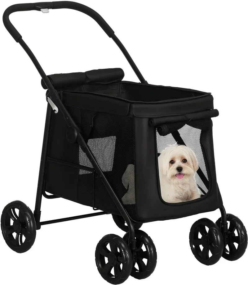 Hondenbuggy opvouwbaar met kussen tot 20 kg - Hondenkar - Inklapbare Buggy voor Honden - Hondentrolley - Zwart de PawHut en Noir – photo produit