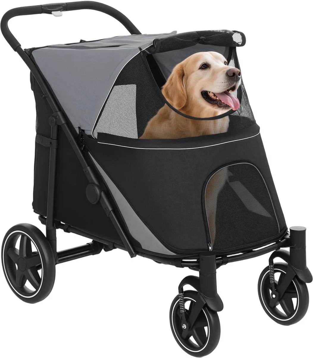 Hondenbuggy Opvouwbaar tot 30 kg met Schokdempers - Hondenwagen - Bolderkar Hond - Grijs fra PawHut i Grå – produktbillede