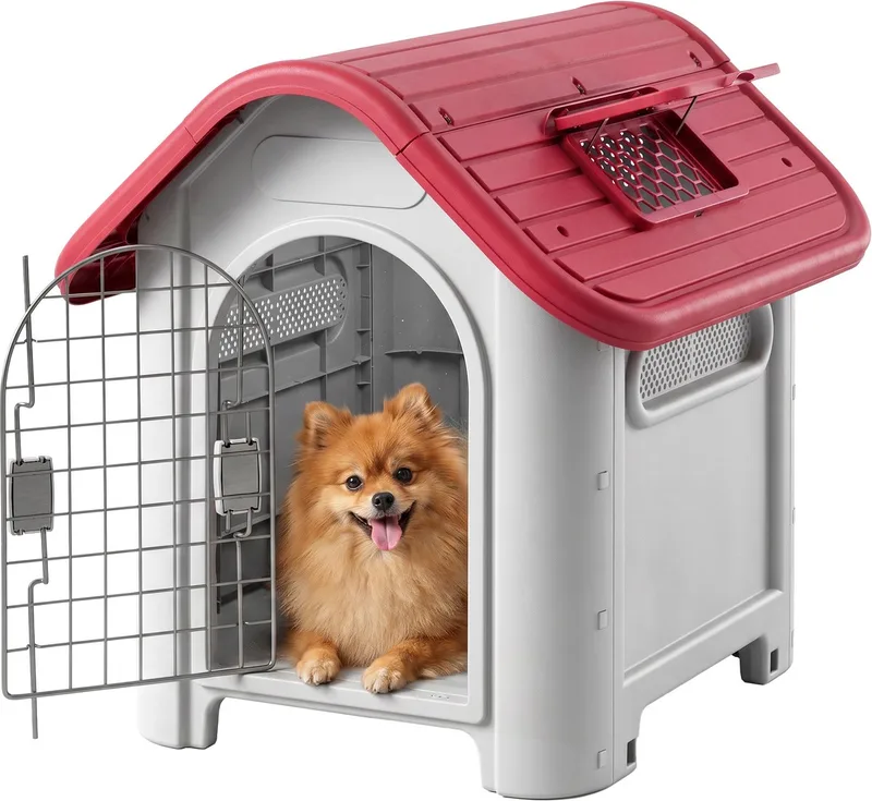 Hondenhok buiten hondenhok met dakluik voor kleine honden, metaal PP D02-065 fra PawHut i Rød, Lysegrå – produktbillede