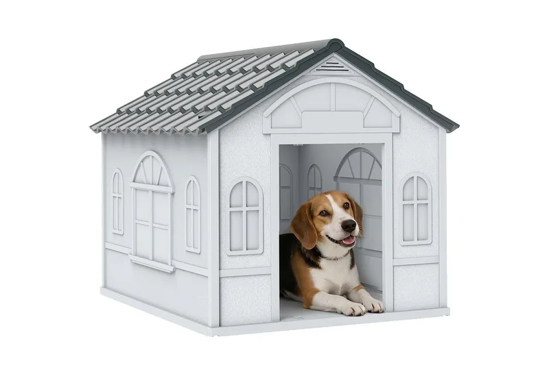 Hondenhok met zadeldak weerbestendig - Hondenhok voor buiten - Hondenhuis - Hondenkennel - Grijs de PawHut en Gris – photo produit 2 sur 5