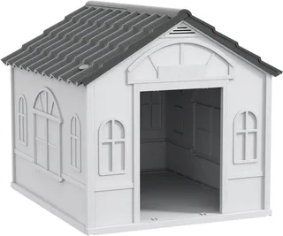 Hondenhok met zadeldak weerbestendig - Hondenhok voor buiten - Hondenhuis - Hondenkennel - Grijs de PawHut en Gris – photo produit 1 sur 5