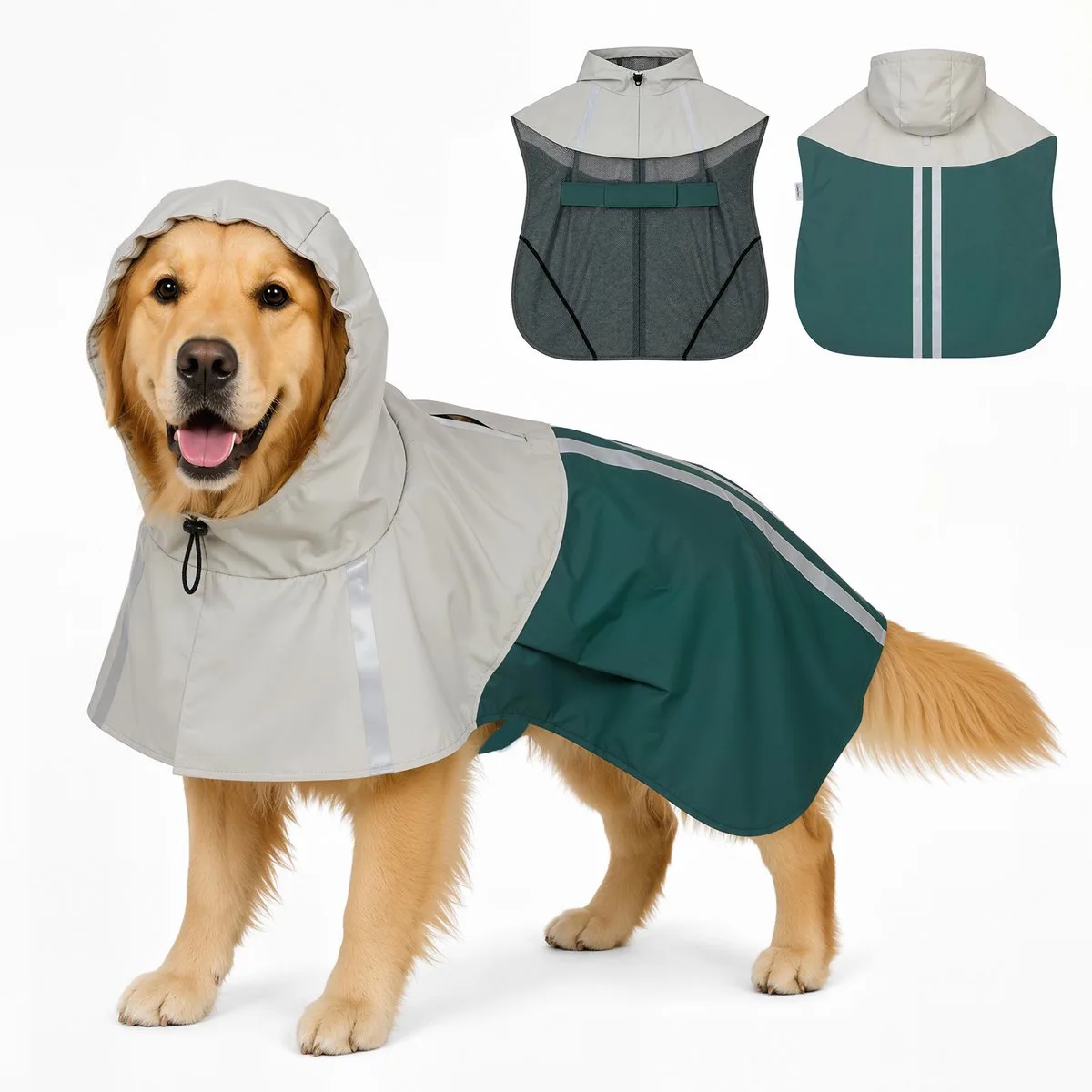 Hondenjas – Regenjas hond -Pet Regenjas - Regenjas hondmet borst - Waterdicht en Reflecterend - Hondenjas met Verstelbare Pasvorm - PU, mesh - 110 x 72 x 0,5 cm - Groen de PawHut en Crème – photo produit