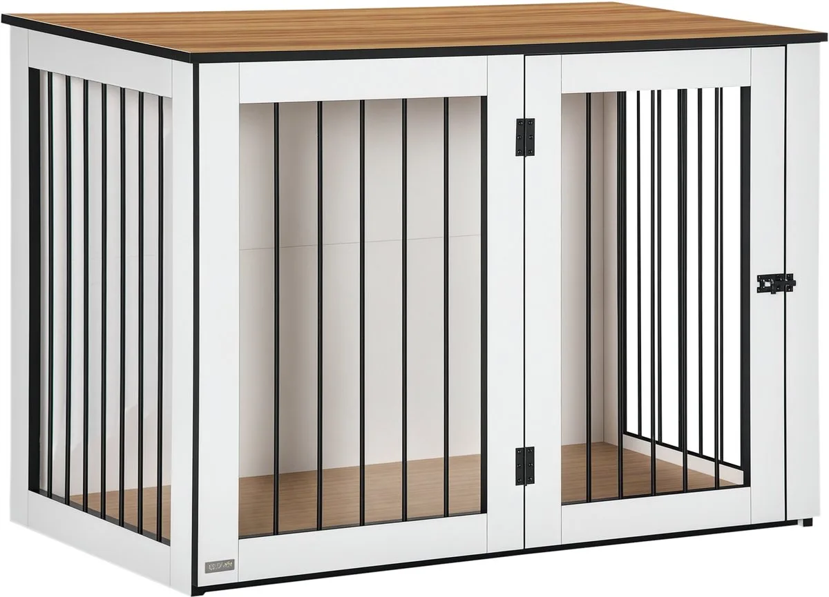 Hondenkooi met Houten Blad en Dubbele Deuren - Hondenbench, Dierenverblijf, Kattenkooi - Donkerwalnoot/Wit fra PawHut i Dunkelwalnuss, Hvid – produktbillede