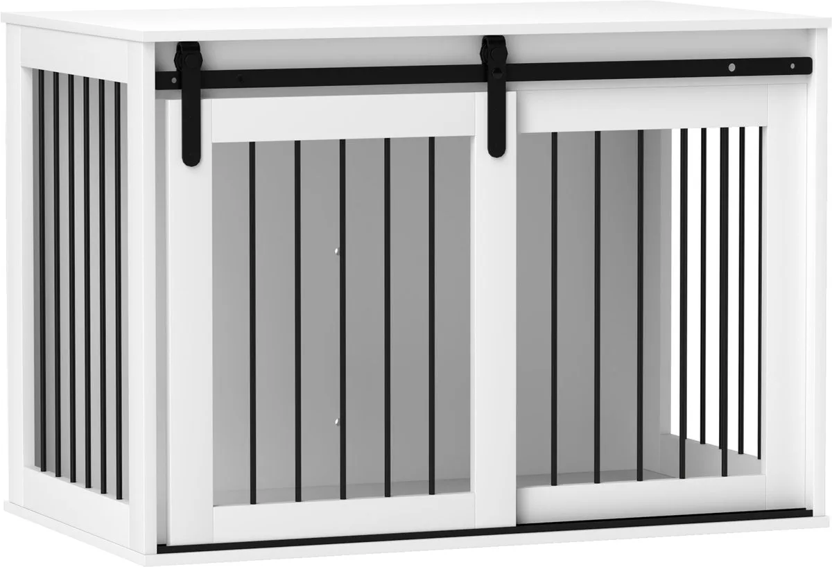 Hondenkooi Meubel met Schuifdeuren - Hondenbench - Bijzettafel - Hondenkennel från PawHut i Vit – produktbild