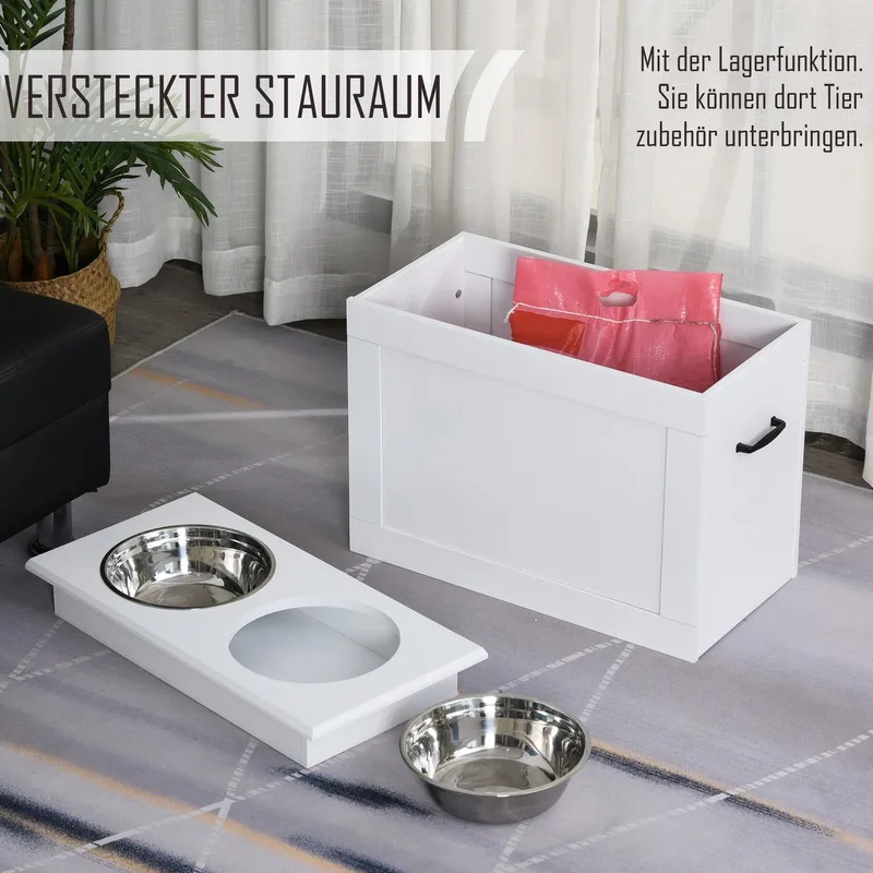 Hondenvoerbak met opbergruimte 2 bakken, voerstation, etensbak voor katten, MDF roestvrij staal D08-021 von PawHut in Weiß – Produktfoto