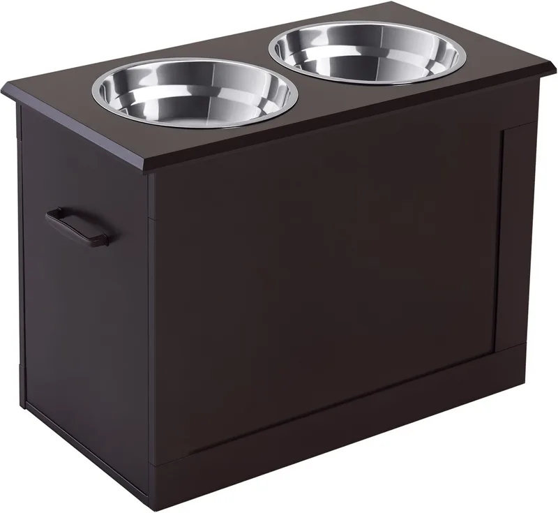 Hondenvoerbak met opbergruimte 2 bakken, voerstation, etensbak voor katten, MDF roestvrij staal D08-021 by PawHut in Espresso – product photo