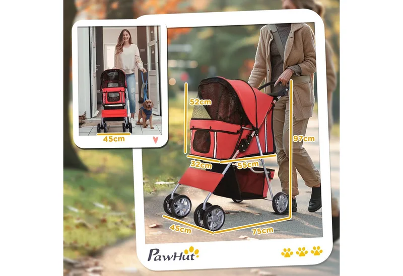Hondenwagen – Hondenbuggy – Pet Stroller – 3/4 Wielen – 4 Kleuren de PawHut en Rouge – photo produit 3 sur 5