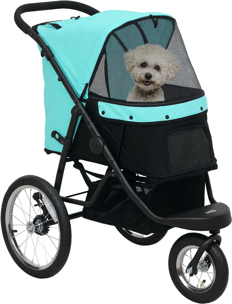 Hondenwagen Opvouwbaar met Opblaasbare Banden - Hondenbuggy voor Wandelen en Joggen - Turquoise från PawHut i Turkos – produktbild