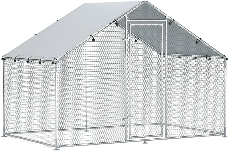 Hühnerstall 3x1,7x1,9 m, Freilaufgehege für Hühner Kaninchen Meerschweinchen Pflanzen, aus Verzinktem Stahl mit Schloss & Wasserdichtem Anti-UV Dach, Outdoor Geflügelstall Kleintierkäfig by PawHut in Silver – product photo