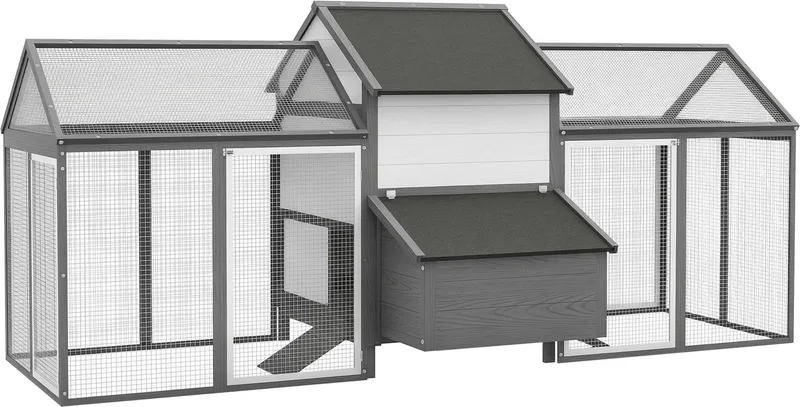 Hühnerstall aus Holz, Geflügelstall mit Nistkasten, Doppel-Laufstall mit Tablett, Gehege mit Rampe, Hühnerhaus für Hühner, 247 x 125 x 113,5 cm by PawHut in Grey – product photo