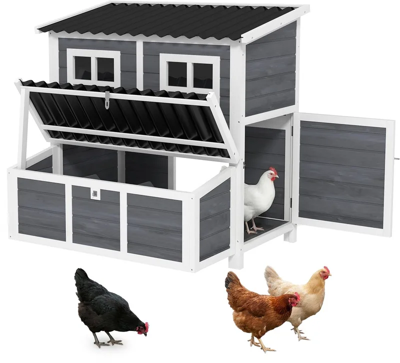 Hühnerstall aus Tannenholz, Hühnerhaus mit Nestkasten, Geflügelhaus für 4-6 Hühner, Wasserfestes Dach, 100 x 86 x 100 cm by PawHut in Light grey – product photo