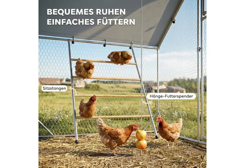 Hühnerstall Freilaufgehege aus Stahl, 3 x 2 x 1,95 m Hühnerkäfig mit UV-beständiger Abdeckung, Futtertür, Hängefütterung, Sitzstange, Hühnergehege für 6-8 Hühner, Kleintiere by PawHut in Silver – product photo 5 of 5
