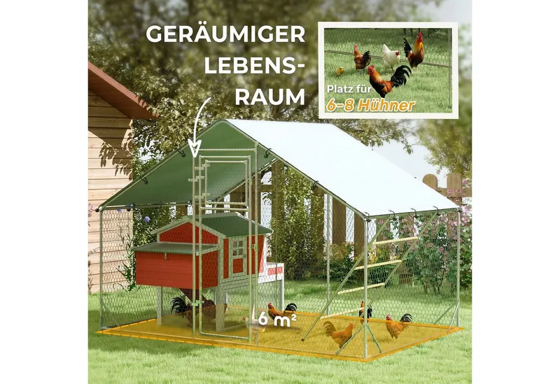 Hühnerstall Freilaufgehege aus Stahl, 3 x 2 x 1,95 m Hühnerkäfig mit UV-beständiger Abdeckung, Futtertür, Hängefütterung, Sitzstange, Hühnergehege für 6-8 Hühner, Kleintiere by PawHut in Silver – product photo 4 of 5