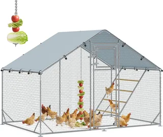 Hühnerstall Freilaufgehege aus Stahl, 3 x 2 x 1,95 m Hühnerkäfig mit UV-beständiger Abdeckung, Futtertür, Hängefütterung, Sitzstange, Hühnergehege für 6-8 Hühner, Kleintiere by PawHut in Silver – product photo 1 of 5