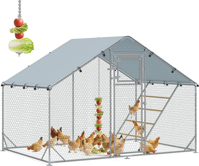 Hühnerstall Freilaufgehege aus Stahl, 3 x 2 x 1,95 m Hühnerkäfig mit UV-beständiger Abdeckung, Futtertür, Hängefütterung, Sitzstange, Hühnergehege für 6-8 Hühner, Kleintiere by PawHut in Silver – product photo 1 of 5