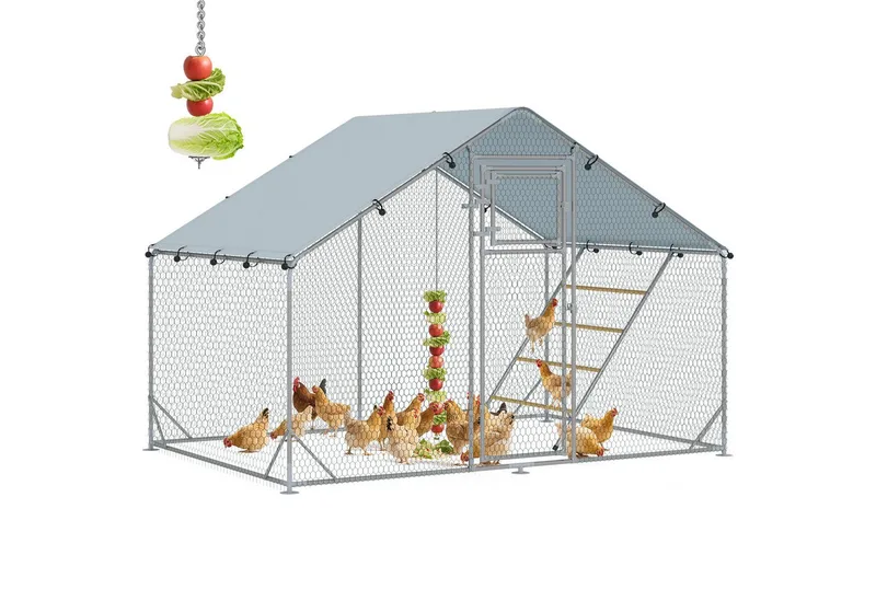 Hühnerstall Freilaufgehege aus Stahl, 3 x 2 x 1,95 m Hühnerkäfig mit UV-beständiger Abdeckung, Futtertür, Hängefütterung, Sitzstange, Hühnergehege für 6-8 Hühner, Kleintiere by PawHut in Silver – product photo 2 of 5