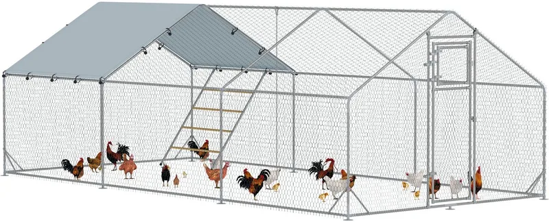 Hühnerstall Freilaufgehege aus Stahl, 3 x 6 x 1,95 m Hühnerkäfig mit UV-beständiger Abdeckung, Futtertür, Hängefütterung, Sitzstange, Hühnergehege für 18-24 Hühner, Kleintiere by PawHut in Silver – product photo