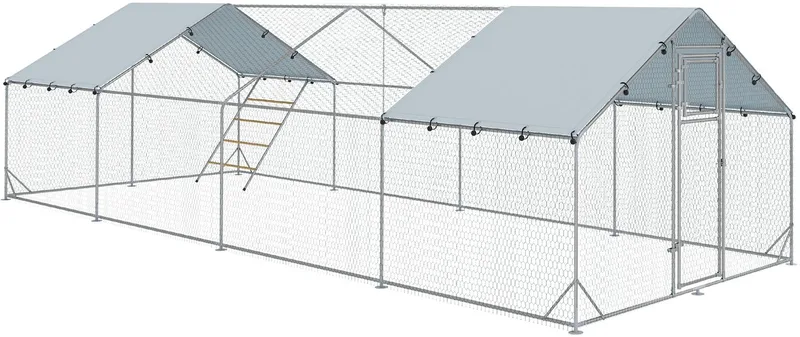 Hühnerstall Freilaufgehege aus Stahl, 3 x 8 x 1,95 m Hühnerkäfig mit UV-beständiger Abdeckung, Futtertür, Hängefütterung, Sitzstange, Hühnergehege für 24-30 Hühner, Kleintiere von PawHut in Silber – Produktfoto